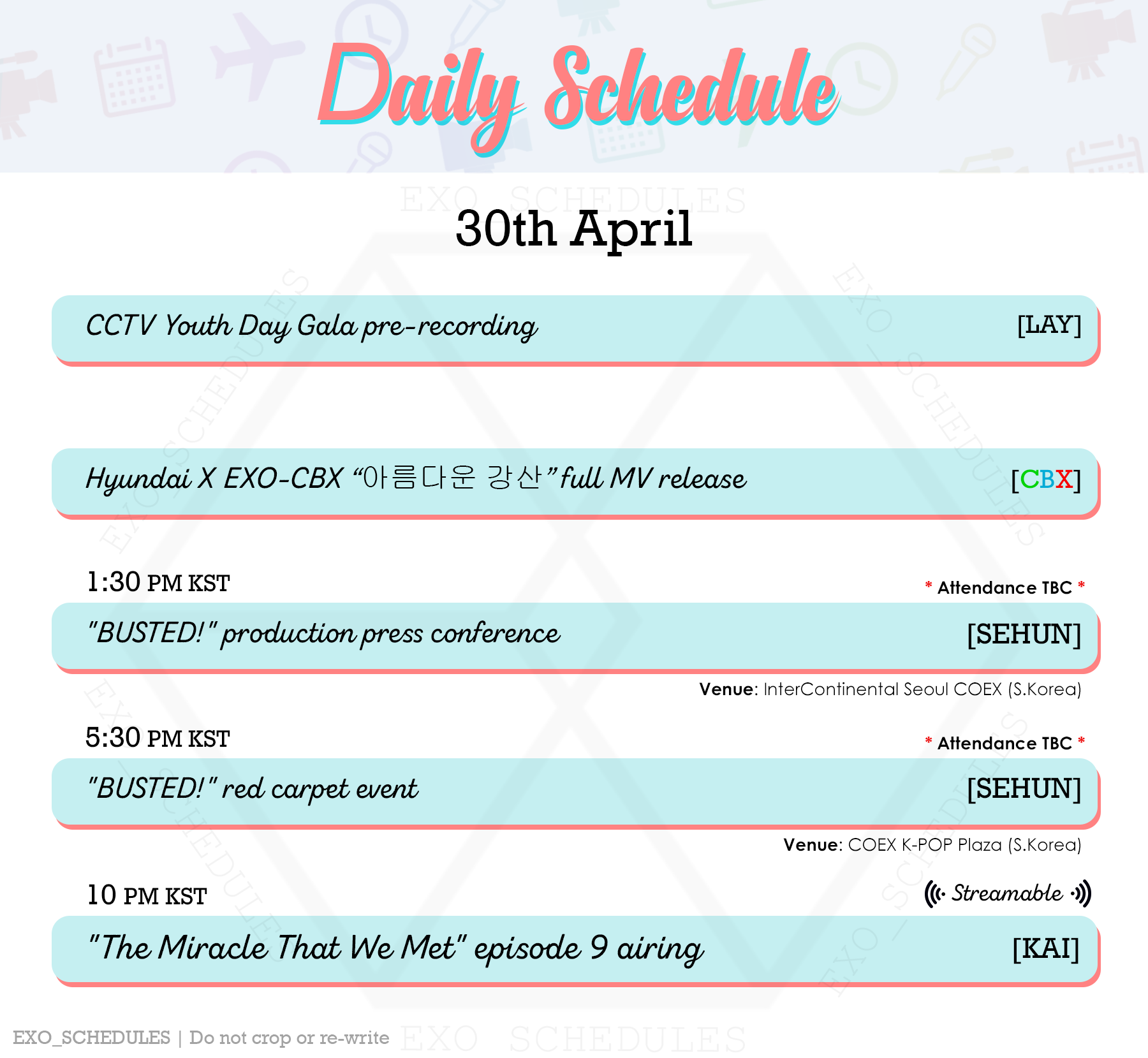 EXO SCHEDULE on Twitter: "DAILY SCHEDULE 🗓 180430 | 30th April | #엑소