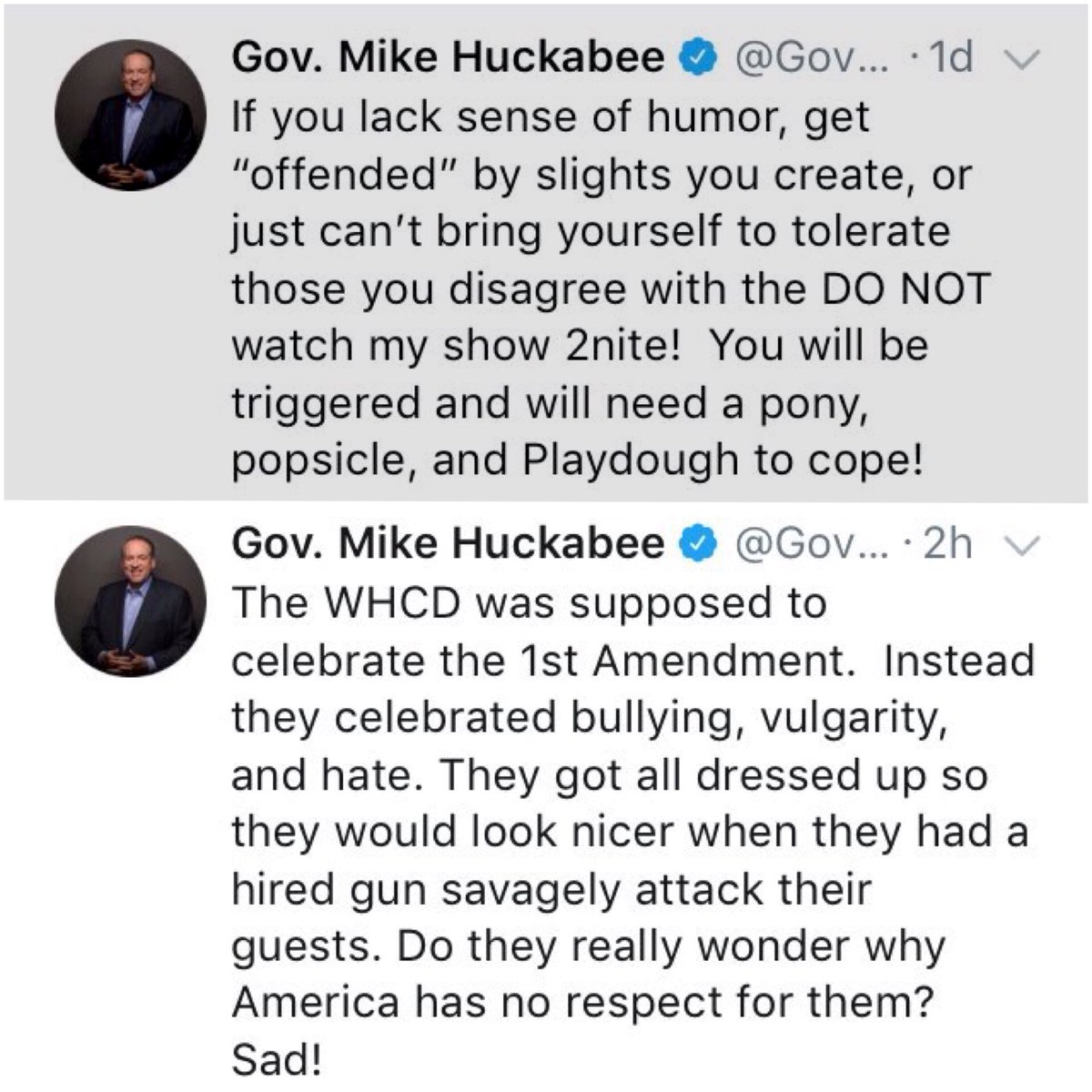 Mike Huckabee, a  24 hour play in two parts: #WHCD #Michelle #Wolf