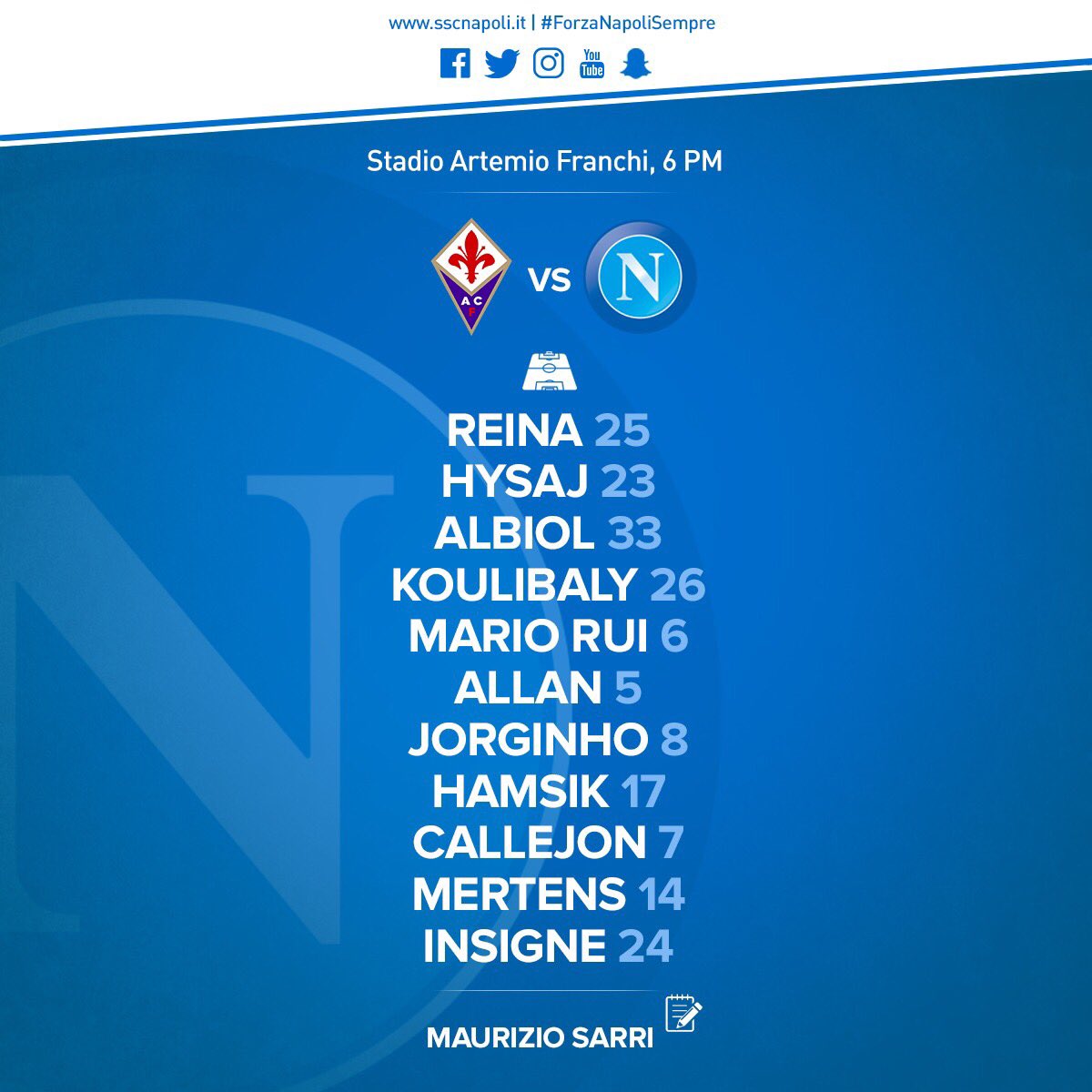 sscnapoli's tweet photo. 📌 XI
⚽️ #FiorentinaNapoli

🇮🇹 #SerieA
💙 #ForzaNapoliSempre https://t.co/U4c9So8u2m