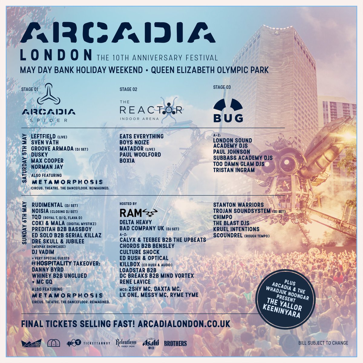 We have paper tickets for sale for The Sunday @ Arcadia London... 
£55 No booking fee.. 
Contact TQ (Scoundrel) or any other Rough Tempo Resident to arrange!!
arcadialondon.co.uk