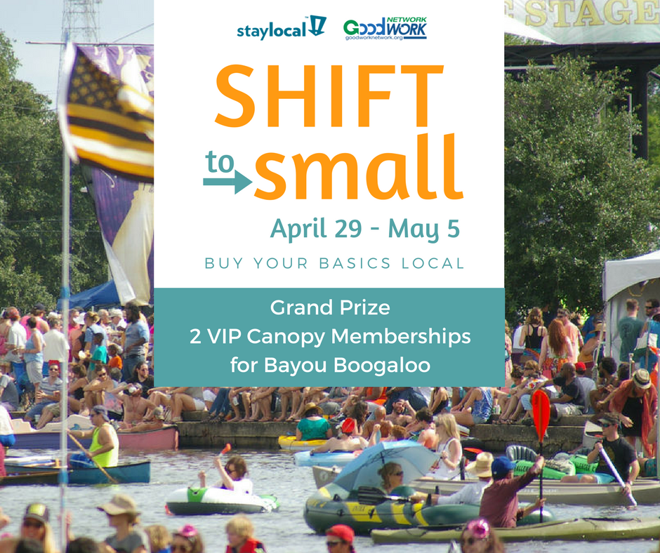 StayLocal's tweet photo. Ready, set, SHOP! The #ShifttoSmall Challenge starts today. Go to as many of the participating local businesses you can this week, post about it on social media, and you'll be entered to win VIP passes to @bayouboogaloo! Details at https://t.co/Khkn1bxyEz https://t.co/vk4tmv7j0k