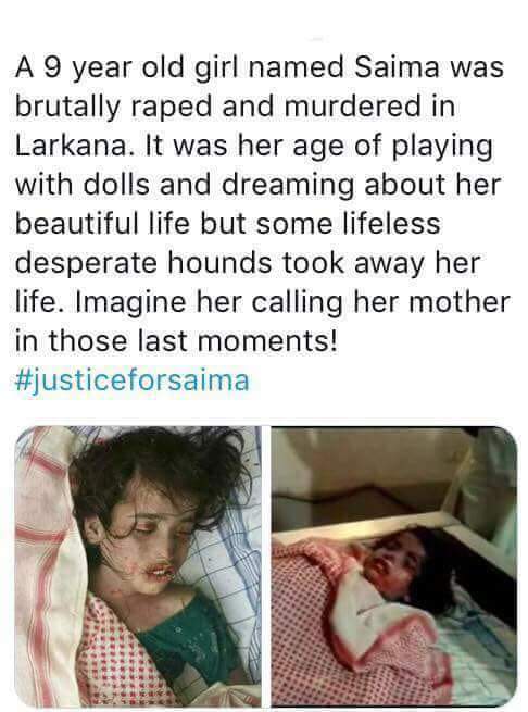 Sachal_Suhrab's tweet photo. ایسا معاشرہ جہاں عورت کے مردہ جسم کے ساتھ مرد اپنی جنسی حوس مٹاتا هو وہاں چلتی پھرتی بچی کے ساتھ حوس مٹانے والوں پے حیران نا ہونا بلکل بھی حیران کن نھیں۔

#JusticeForSaimaJarwar
#JusticeForSaima 
#Larkana 
#Pakistan https://t.co/ZSQyLx3Vaf
