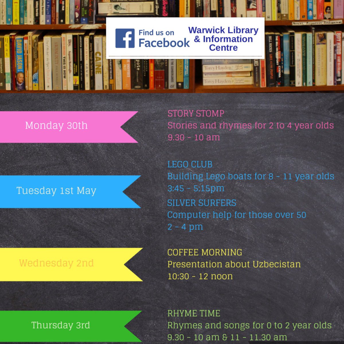 Join us at some of our regular events at Warwick Library, this coming week. Book a ticket for Lego Cub here shrtm.nu/FegP and just drop in for the other events. All free apart from coffee morning which is £1 to include tea/coffee. 
See you soon 😀 #LoveYourLibrary