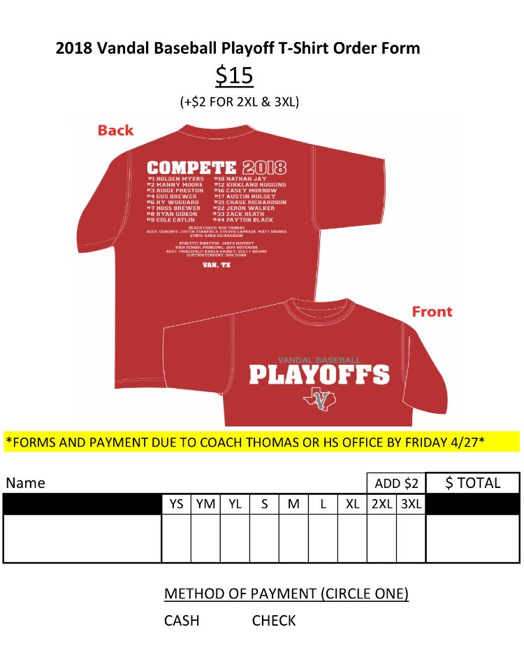 Vandal Baseball (@vandalbaseball) on Twitter photo Get your playoff shirt orders in today, just email the sizes you need to robert.thomas@vanisd.org by the end of the day! Payment can be made this week. Get your playoff shirt orders in today, just email the sizes you need to robert.thomas@vanisd.org by the end of the day! Payment can be made this week.