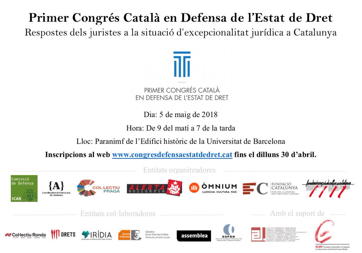 assemblea's tweet photo. El 5 de maig es farà el primer Congrés Català en Defensa de l’Estat de Dret. Inscripcions obertes a https://t.co/8tQFESo1JB fins al dilluns 30 d’abril. No te’l perdis!
#RepúblicaÉsLlibertat https://t.co/QD2TfZCsyk
