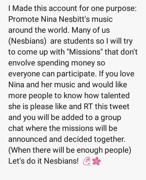 NNPromoSquad's tweet photo. Please Read, RT and Like if you wanna help 💕 Let's do it Nesbians! 💪 #nesbians #ninanesbitt https://t.co/W96DWt1LEI