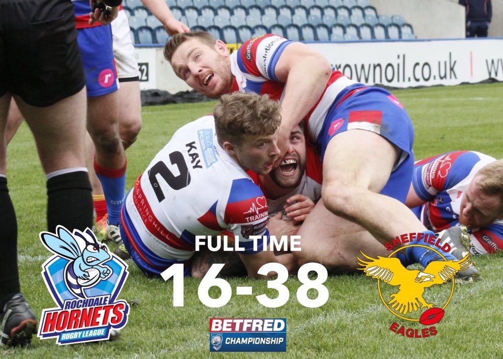 SheffieldEagles's tweet photo. Full-time at the Crown Oil Arena - Rochdale Hornets 16-38 Sheffield Eagles. 

Massive win for the Eagles as they secure a big two points against Rochdale, completing the double over the Hornets in the process! #TheEaglesReturn 🦅

📷: @adcp_official https://t.co/sekGxYCn2E