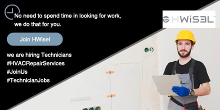 Hwiselinfo's tweet photo. No need to spend time in looking for work, we do that for you. Join #HWisel, we are hiring Technicians https://t.co/oifocUeE8b #HVACRepairServices #JoinUs #TechnicianJobs https://t.co/odinZFN7Da