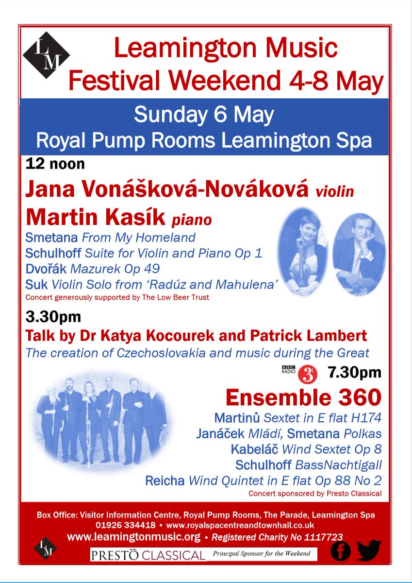 Next Sunday evening at the Leamington Festival we welcome the Winds from <a href="/Ensemble_360/">Ensemble 360</a> with an unusual program of Bohemian Wind music at 7:30pm, after pieces for Violin and Piano at Noon. Inbetween we have a talk on the history of Czechoslovakia at 3:30pm