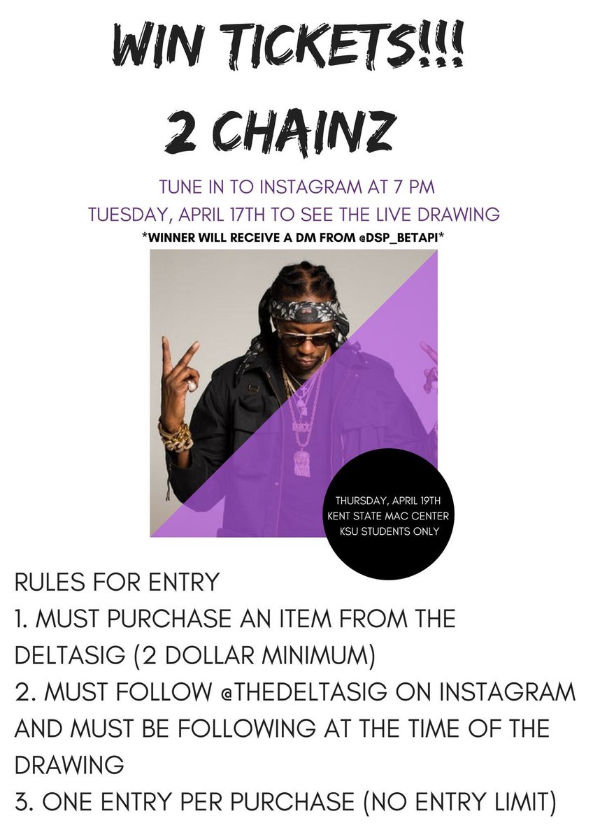 Head to <a href="/thedeltasig/">The Deltasig</a> NOW! 2 hours remaining to enter our  raffle for 2 Chainz tickets!! Tune in tonight @ 7PM on IG live when we reveal the winner! 💜 #GoodLuck #ΔΣΠ