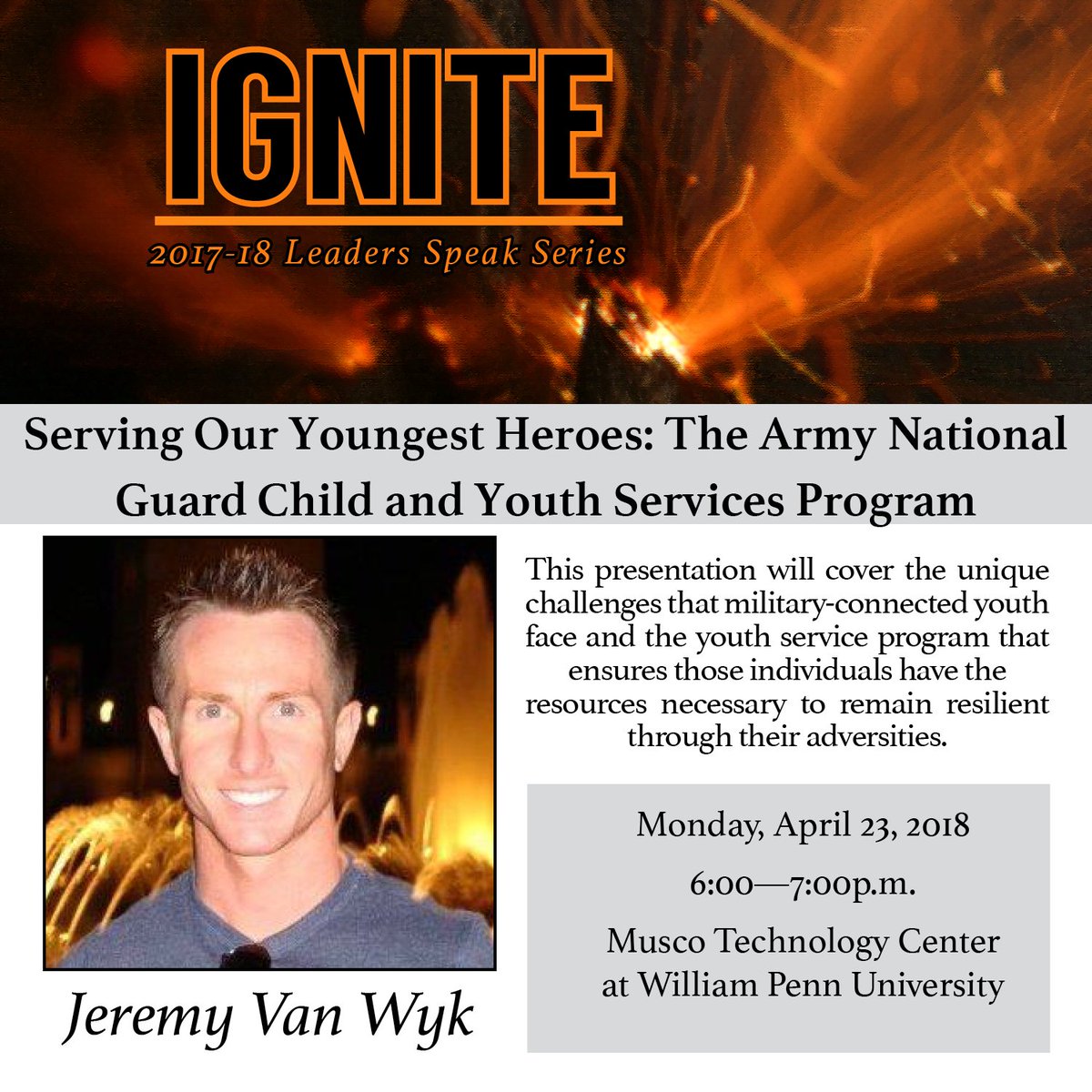 PennDigiComm's tweet photo. Our last installment of the 2017-18 Leaders Speak Series is next week and will feature @WilliamPennU graduate Jeremy Van Wyk!  #WP #Statesmen #LeadersSpeak https://t.co/bvzRbxfVqJ