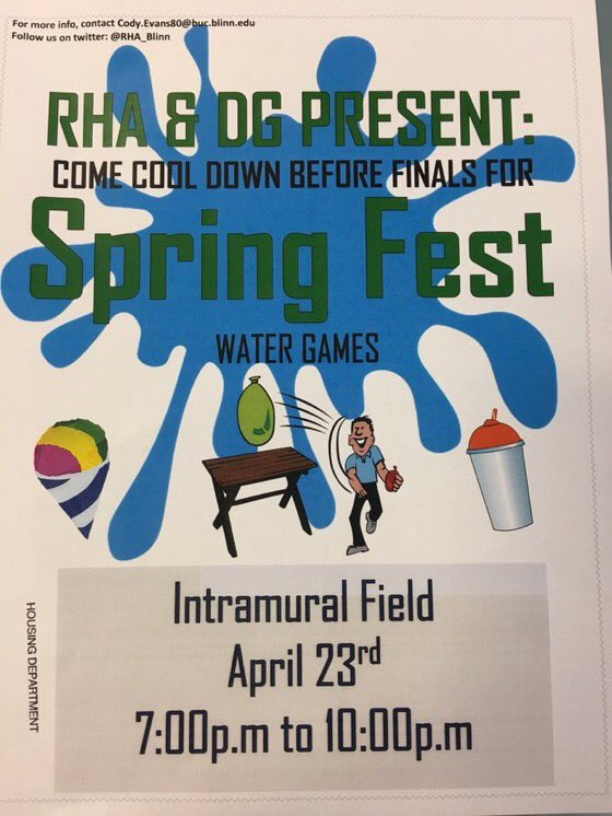 Come to our event co-hosted with  <a href="/DG_Gentlemen/">🎩 DG 🎩</a>. There’s gonna be games from musical chairs to water ballon capture the flag. Stop by for snowcones and celebrate another successful semester! #Blinn18