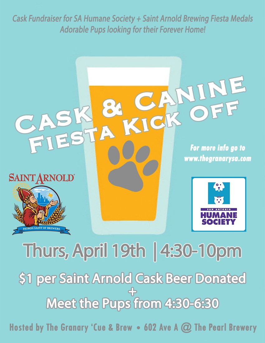 FlicksandFood's tweet photo. Cask and Canine event at @TheGranarySA  at @HistoricPearl  happens Apr19. Find your furever friend, drink a #SaintArnold #beer all while raising money for @SAHumaneSociety . #pets #fun #adoption #AleWagger #SATX https://t.co/CpAZusDsUx https://t.co/39TJid4icG