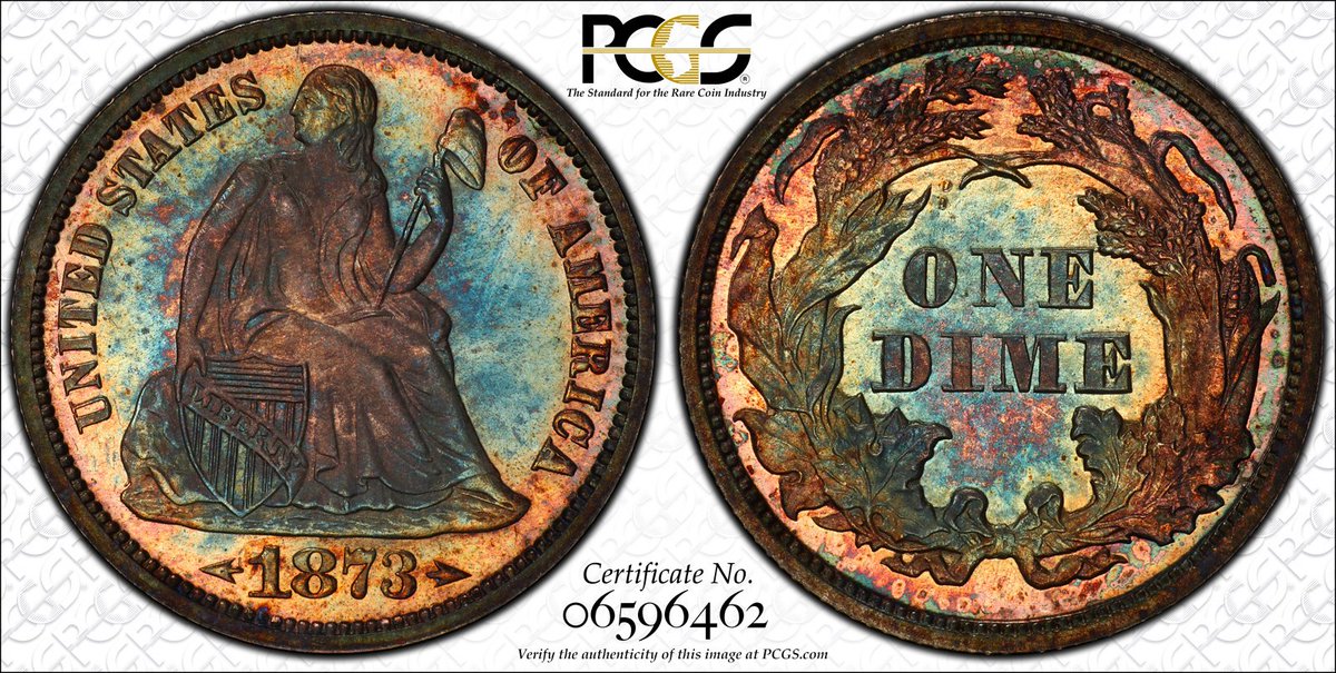 PCGScoin's tweet photo. Runner-up #PCGS #Coin of the Day: 1873 Liberty Seated Dime, Arrows, Proof, PCGS PR66. PCGS population of seven coins in Proof 66 with 4 coins graded finer (cameo). PCGS Price Guide Value: $8,500. https://t.co/Ut2i7wtIum #proofdime #rainbow #1873 #coin #coins #typecoin #tuesdays https://t.co/oSLCFBnLw3