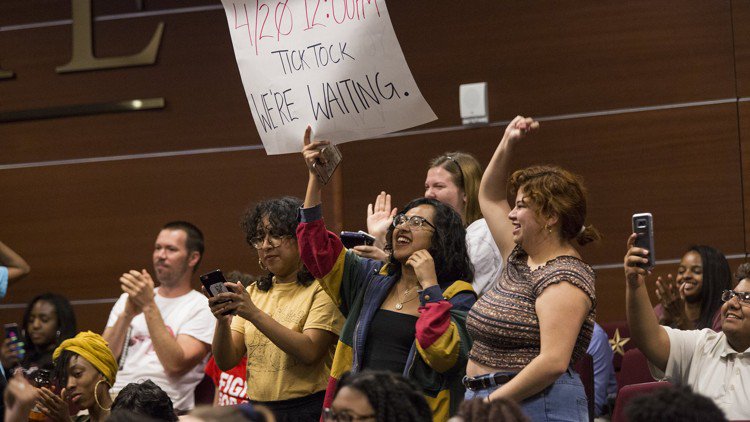 statesman's tweet photo. Some celebrate as Texas State student president Clegg is impeached https://t.co/tcCprvMfRV #txst #TXSTSITIN https://t.co/3jAzQ3lrea