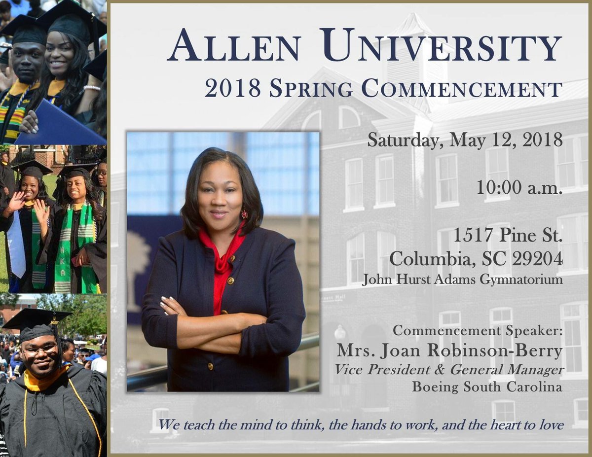 Allen University (@allenuniv) on Twitter photo #AllenUniversity would like to announce, the 2018 Baccalaureate Service and Commencement Speakers...
<a href="/markkellytyler/">Mark Kelly Tyler</a> & <a href="/jrbtalk24/">Joan Robinson-Berry</a>
allenuniversity.edu/events/2018-ba…
#AUGraduation18
#ThinkWorkLove #AllenUniversity would like to announce, the 2018 Baccalaureate Service and Commencement Speakers...
<a href="/markkellytyler/">Mark Kelly Tyler</a> & <a href="/jrbtalk24/">Joan Robinson-Berry</a>
allenuniversity.edu/events/2018-ba…
#AUGraduation18
#ThinkWorkLove