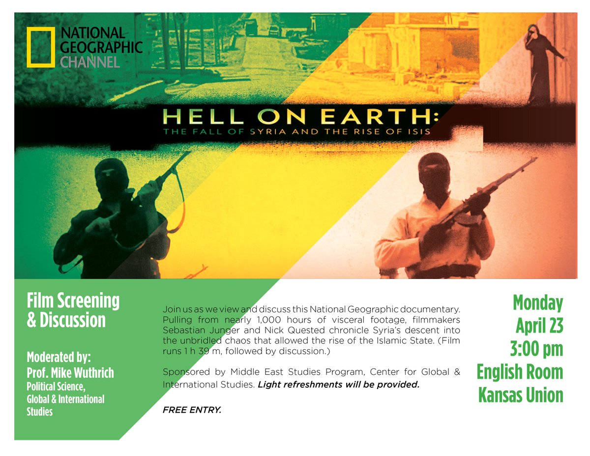 Monday, April 23rd we will host a screening of "Hell On Earth: The Fall of Syria and the Rise of ISIS" with <a href="/kuglobal/">KU Center for Global & International Studies</a>. <a href="/FMichaelWuth/">Michael Wuthrich</a> of <a href="/KUPoliticalSci/">KU Political Science</a> will moderate. With refreshments. #Syria