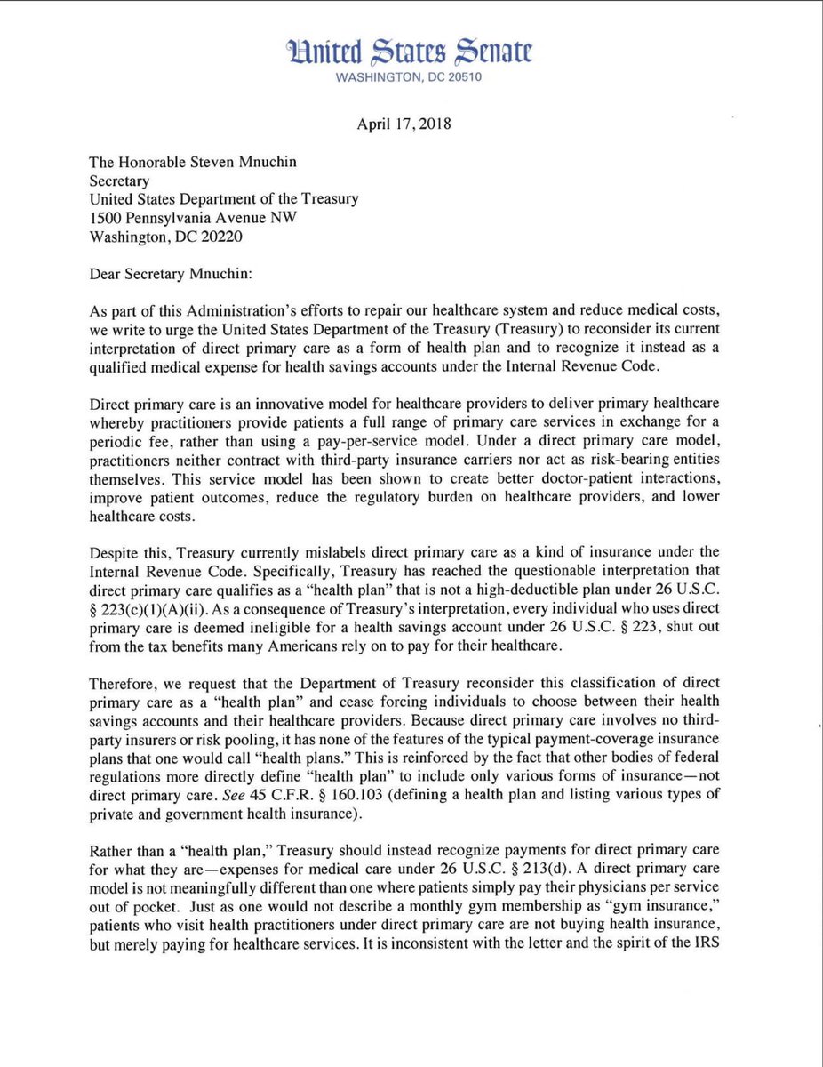 SenTedCruz's tweet photo. Today @SenRonJohnson and I sent a letter to Secretary Mnuchin encouraging the @USTreasury to allow individuals and families to reduce their health care costs by using Health Savings Accounts to pay for direct primary care. https://t.co/StiGaufmgw
