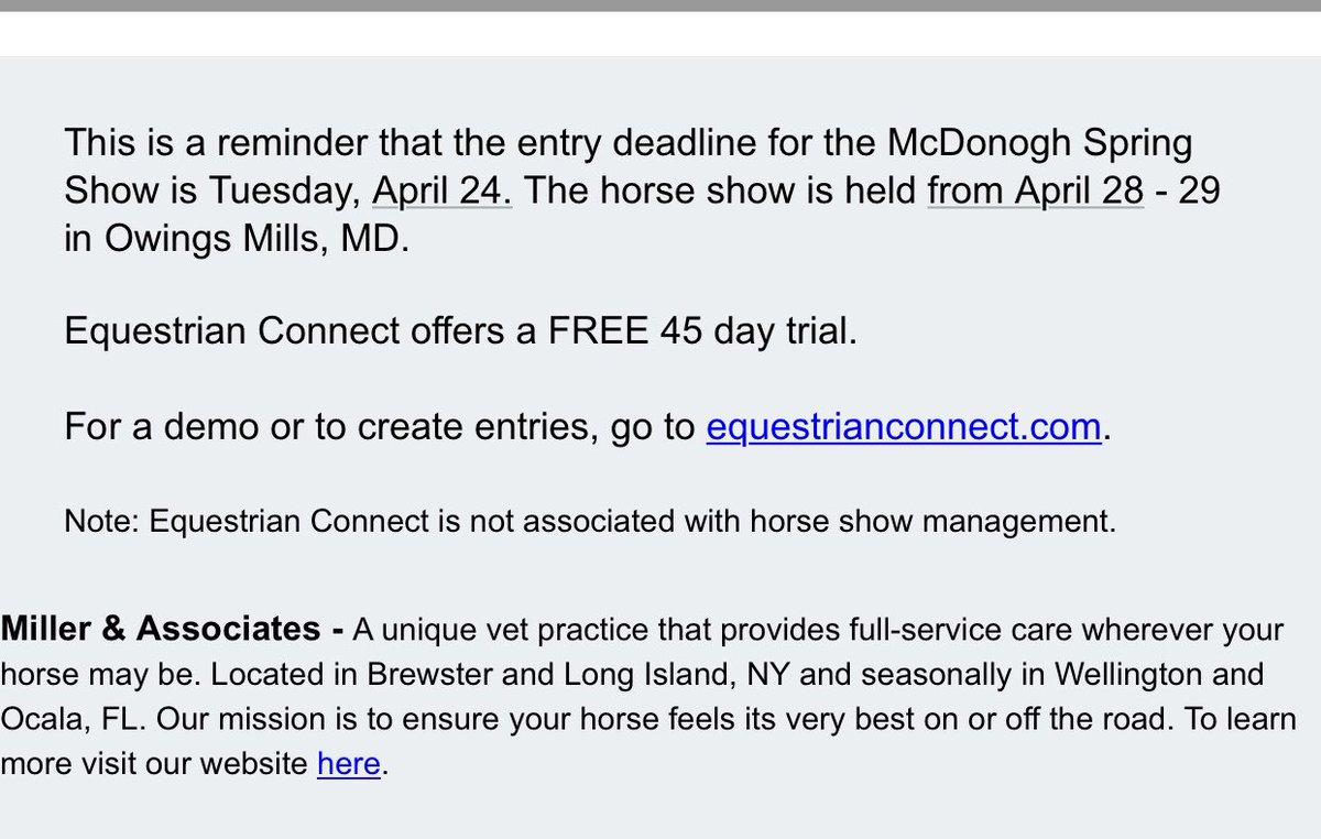 Entries for the McDonogh Spring show are due by Tuesday April 24th! Equestrianconnect.com has your back! Show runs April 28-29 and the schedule can be found on horseshowing.com