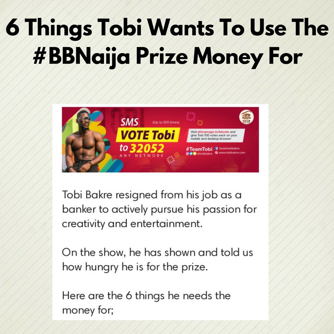 Rirewaju's tweet photo. I will just drop these here and go back to VOTING π£π£π£
Six things Tobi will use the Money for π
Issa picture thread ππππ
#DeservingWinner
#WhenTobiEntertained
#TeamTobi https://t.co/2QBobWitGR