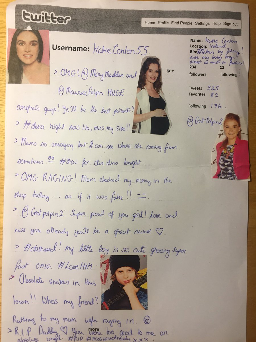 My 5th Years did an amazing job creating Twitter pages for characters from #BigMaggie which they’re doing as part of their #ComparativeStudy