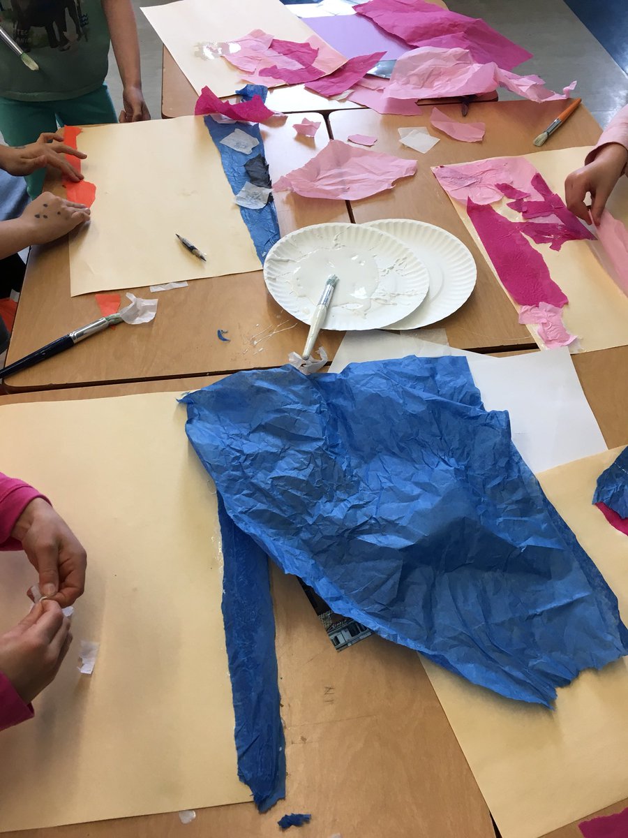 sgojsic's tweet photo. Messy artists at work. Let the creativity flow as they work to remake a cityscape from one of the continents of the world. #crosscurricular #grade2FI https://t.co/5E4ZwPN0Ao