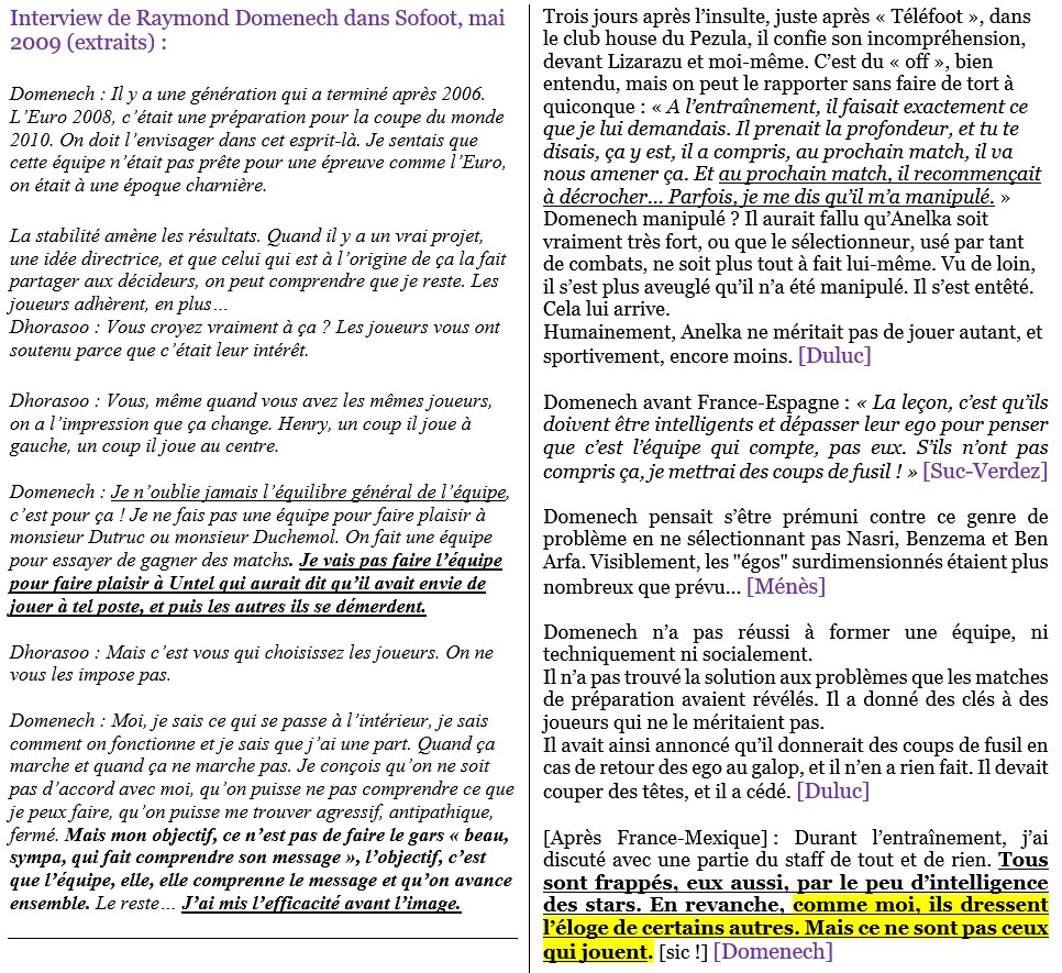 Domenech fait l’inverse de ce qu’il dit, croit que dire c’est faire. En interview, il expliquait qu’il allait dompter les egos, qu’il a l’adhésion des joueurs. Il finit par reconnaître qu’il s’est aveuglé sur certains et que les joueurs intelligents ne sont pas ceux qui jouent.