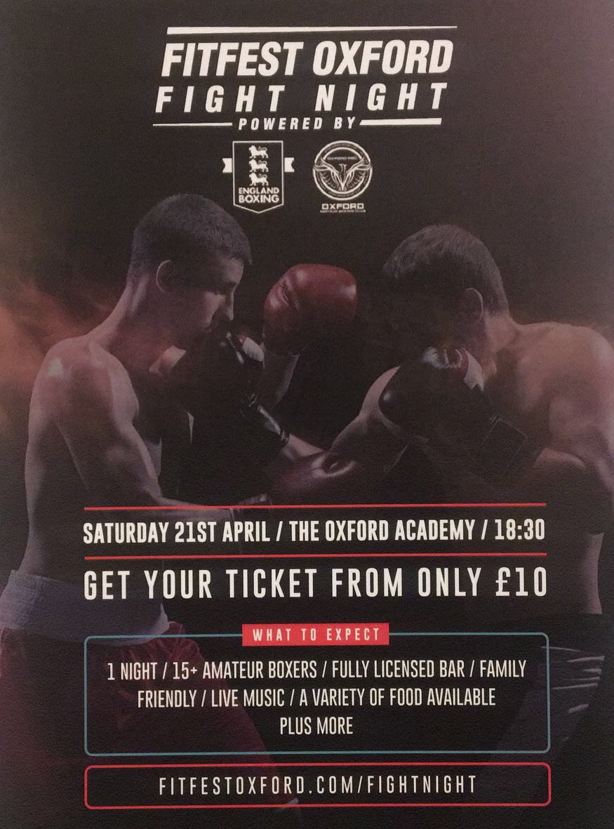PSFITNESSOXFORD's tweet photo. 🥊4 DAYS UNTIL FIGHT NIGHT! 🥊
FitFest Oxford Fight Night on Saturday 21st April, powered by @England_Boxing with event organisers @fitfestoxford and Oxford ABC.
Get your spectator tickets here:
https://t.co/BdQ0e4yLt9

#boxing #event #oxford #OxTweets #englandboxing #uksport https://t.co/65PA3KxmfC