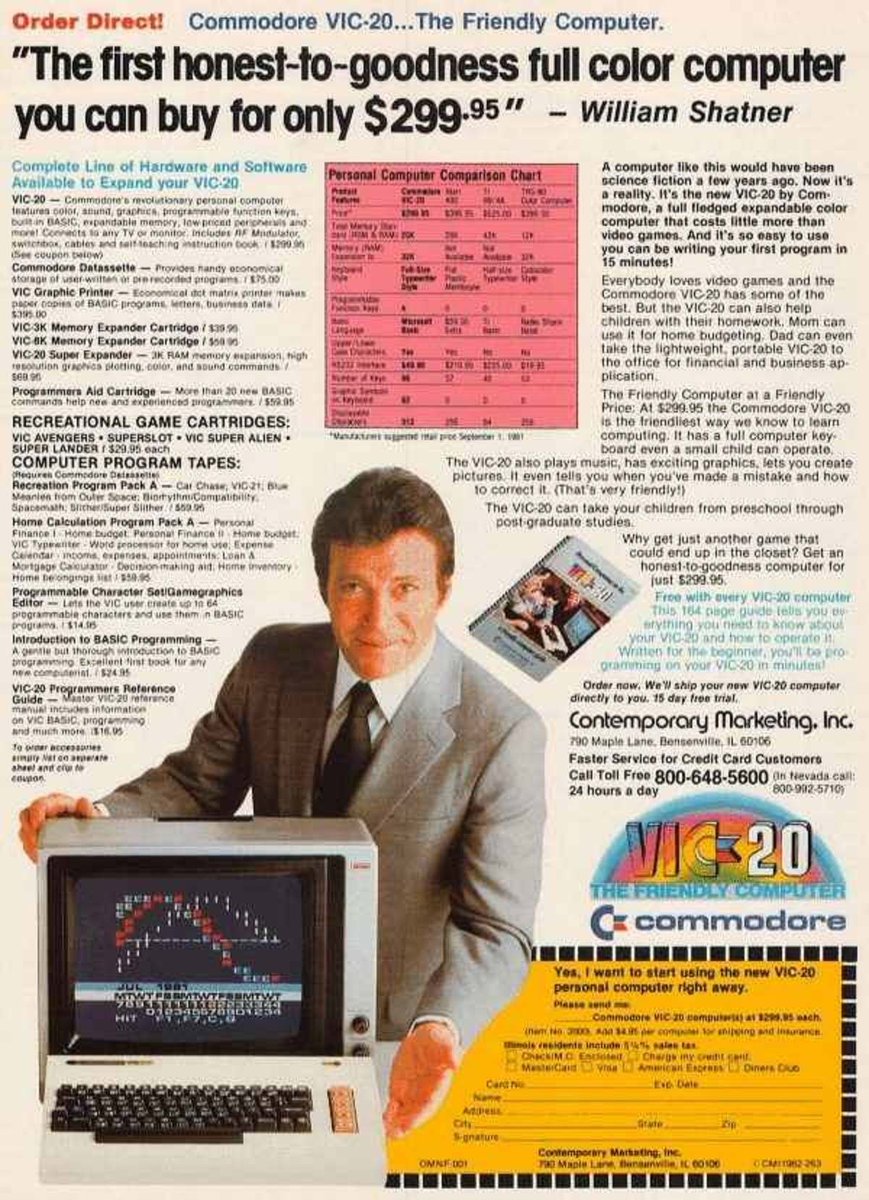 “The first honest-to-goodness full color computer you can buy for $299.95 – William Shatner” - 1981 Commodore VIC-20 ad advertisingpics.tumblr.com/post/173023489…