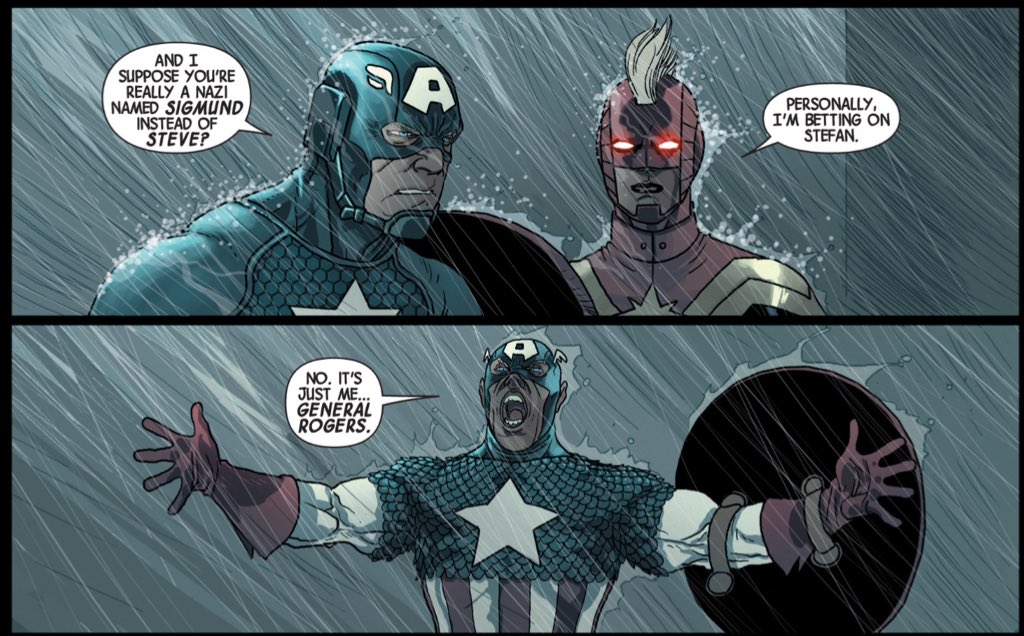 Jonathan Hickman and Salvador Larocca's contribution to the long and rich history of Nazi!Caps.(Avengers #27.)