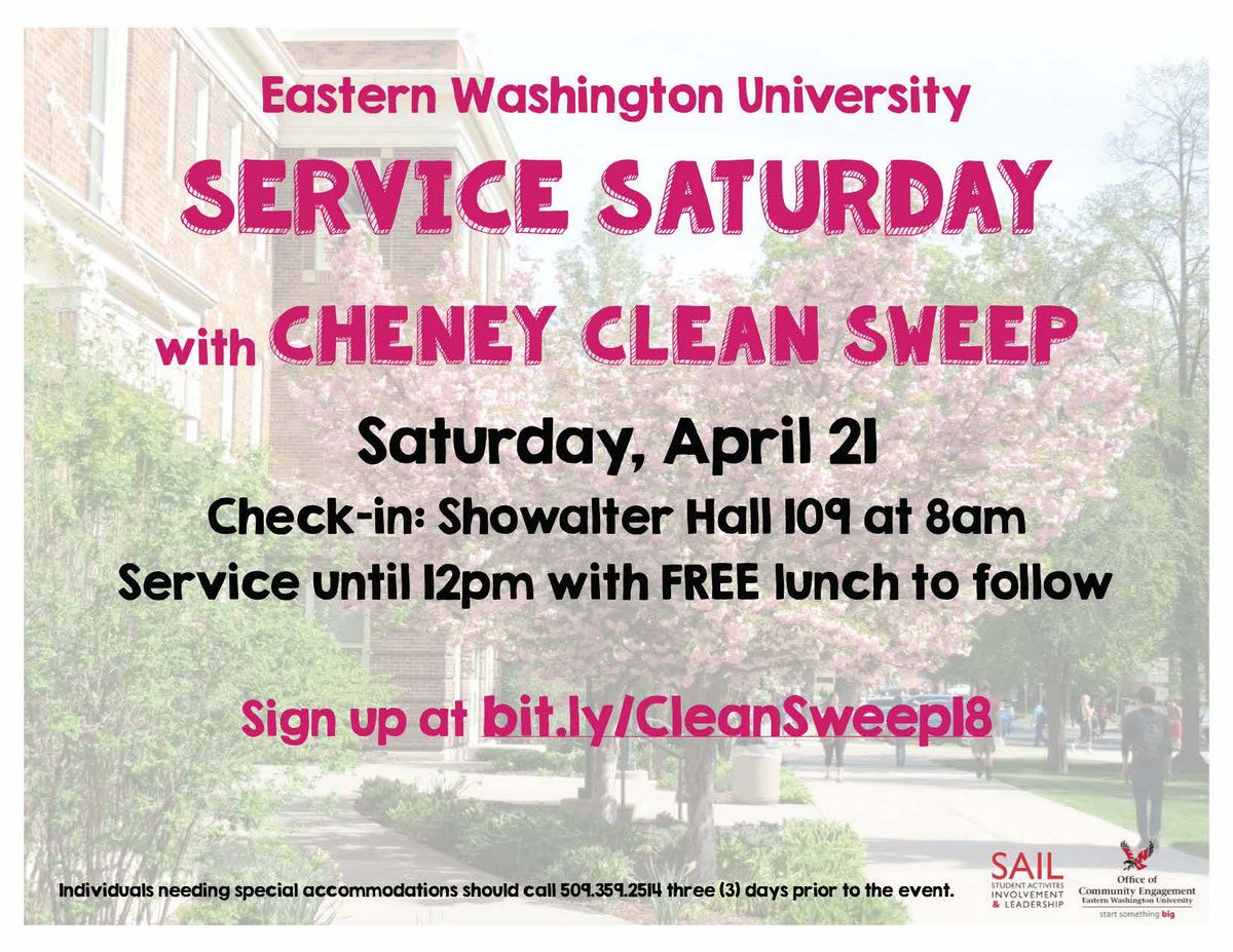EWULeadership's tweet photo. Hey Eagles, there is a service opportunity coming up this Saturday. We will be having a Cheney Clean Sweep service event starting at 8AM-12PM so come and help out the Cheney community! Lunch will be provided as well.

Sign up here:
https://t.co/JKswQnovMU https://t.co/qisuBNWF0S