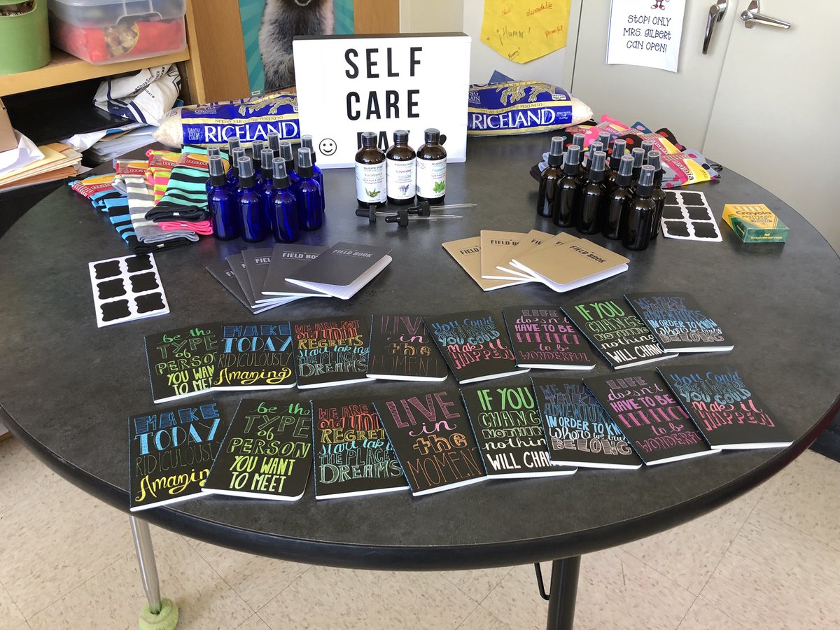 angelambailey24's tweet photo. Spending the day focused on #selfcare for the amazing @LeeRoadrunners staff! Aromatherapy rice pillows, journals for reflection/gratitude, essential oil spray bottles, affirmations, mindful coloring and hot tea! Grateful to support this #SELdedicated campus! @Leahgilbert30 https://t.co/EdXNvIY7KP