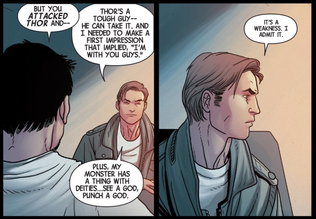 There's that Hickman theme of gods and men, and the manners in which they find themselves opposed to one another.(Avengers #28.)