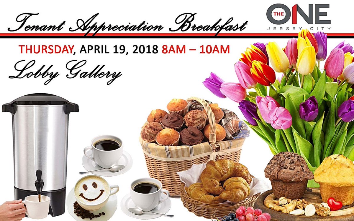 TheOneNJ's tweet photo. Attention residents! Join us this Thursday from 8-10 AM for a complimentary breakfast at #TheOneNJ in our lobby gallery on your way to work. Click here for more information about the event: https://t.co/7SAfLFxWEV https://t.co/OOhQklTBth