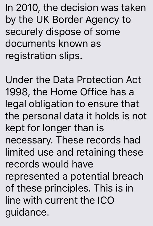 Peston's tweet photo. This Home Office justification for destroying Windrush generation arrival records contains a glaring internal contradiction - because the records were useful to the immigrants whose rights were impaired by their destruction https://t.co/lIN1tk5ve0