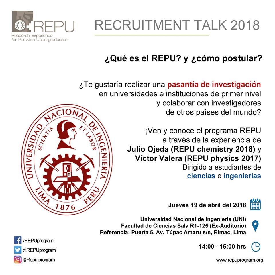 REPUProgram's tweet photo. ¡Este jueves 19 a las 2pm estaremos en la @UNIoficial! Julio (#REPUchemistry 2018) y Victor (#REPUphysics 2017) compartirán su experiencia de investigación en @UBC (Canadá) y @Yale (USA), respectivamente. ¡Ingreso libre! ¡No faltes! https://t.co/k0IwazZEmb