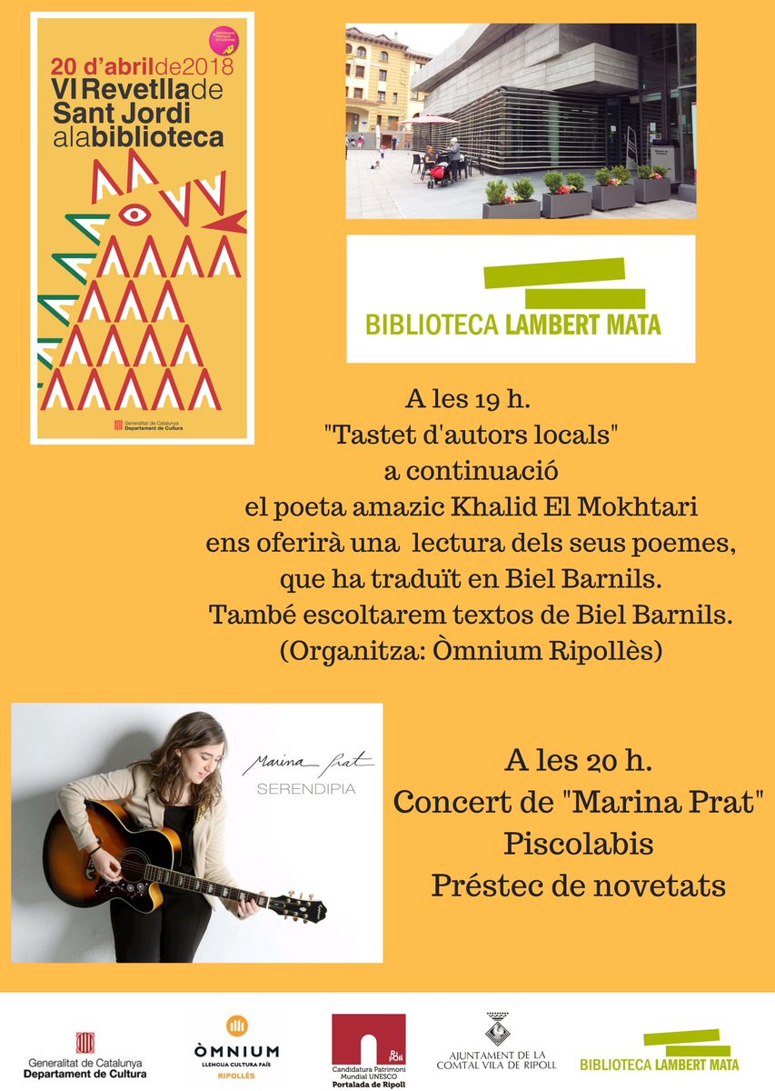 Omnium_Ripolles's tweet photo. Aquest divendres 20 d'abril ens veiem a la @BiblioRipoll ! 🙂

 👉 Comencem la Revetlla de Sant Jordi a partir de les 19h amb el "Tastet d'autors locals" https://t.co/rKQuWr9062