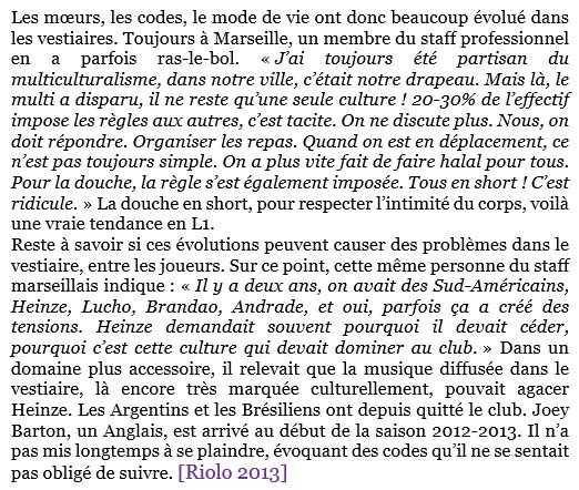 Au passage, certains de ces footballeurs, qu’on vient de voir si prompts à passer des soirées avec Abou et ses filles, l’alcool… avaient dans le même temps imposé leurs codes culturo-religieux à l’ensemble du vestiaire marseillais. Vrais tartuffes. ->