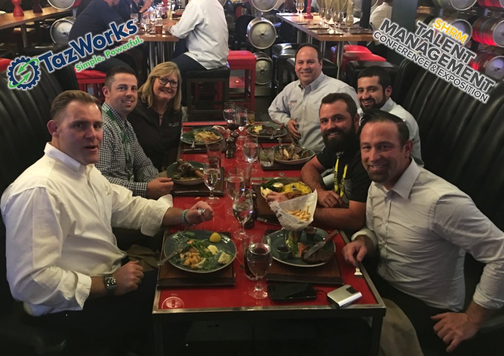 TazWorksLLC's tweet photo. Big things coming from #SHRMTalent this year! Day one was incredible and couldn't have asked for a better way to end it than dinner with some of our incredible clients. #TazWorksIntegrations #ATS #SimplePowerful https://t.co/5J3lf6ykd1