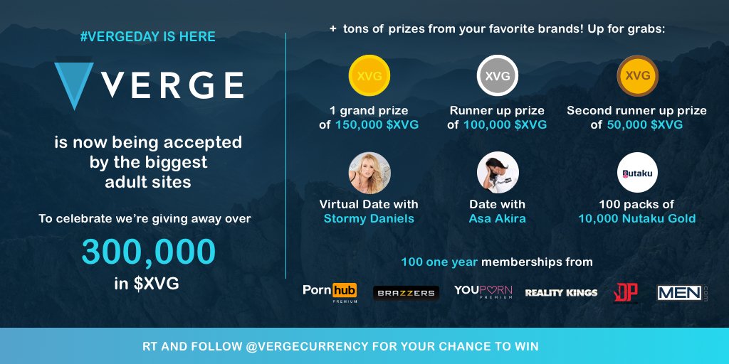 Brazzers's tweet photo. #VergeDay is upon us! Your favorite adult brands are now accepting @vergecurrency to pay for memberships +more and to celebrate we’re giving away over 300K $XVG! RT and follow @vergecurrency to WIN https://t.co/KTfohgokSM