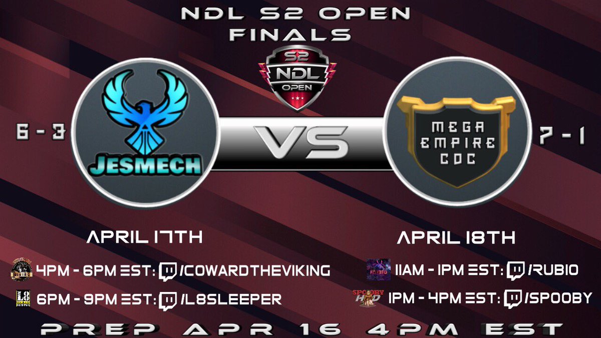 4-6pm EST today! After that ill send a host. But 15 min after i will restart stream at 6:15pm EST where i will be covering 2 hours and 45 min of NDL Tournament, and will be streaming from Team Kronos side 😃 tune in for massive action tonight folks!