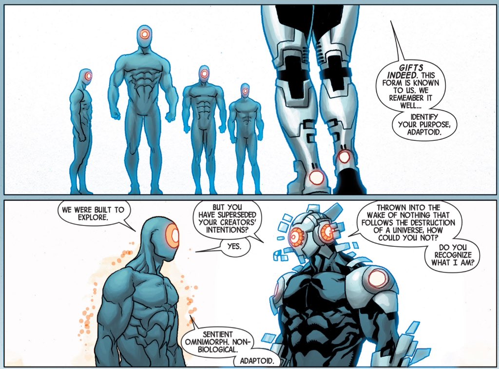 ... and yet more creations that have outlived the intentions of their creators, to be reinvented and reborn and repurposed.Another major theme of Hickman's work, building to the rebirth and reinvention of the Marvel Universe.(Avengers #28.)