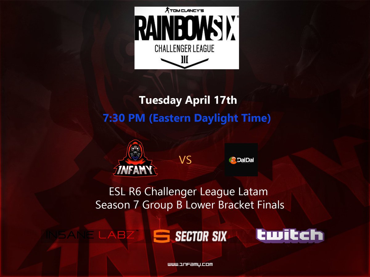 1nFamy_'s tweet photo. Ladies and gentlemen, we face off against @daidaibr in the next round of the ESL LATAM R6 Challenger League tonight. #1nfamy #TheFireRises https://t.co/6KwPIRcLdi
