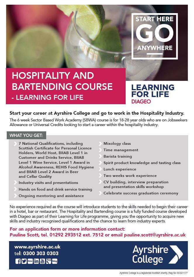 AyrshireColl's tweet photo. Looking for a career in hospitality? We are running a Hospitality and Bartending Course at our Kilmarnock Campus. Interested? Find out more here: https://t.co/oDbiq5CKvn https://t.co/YEFao7j1Ot