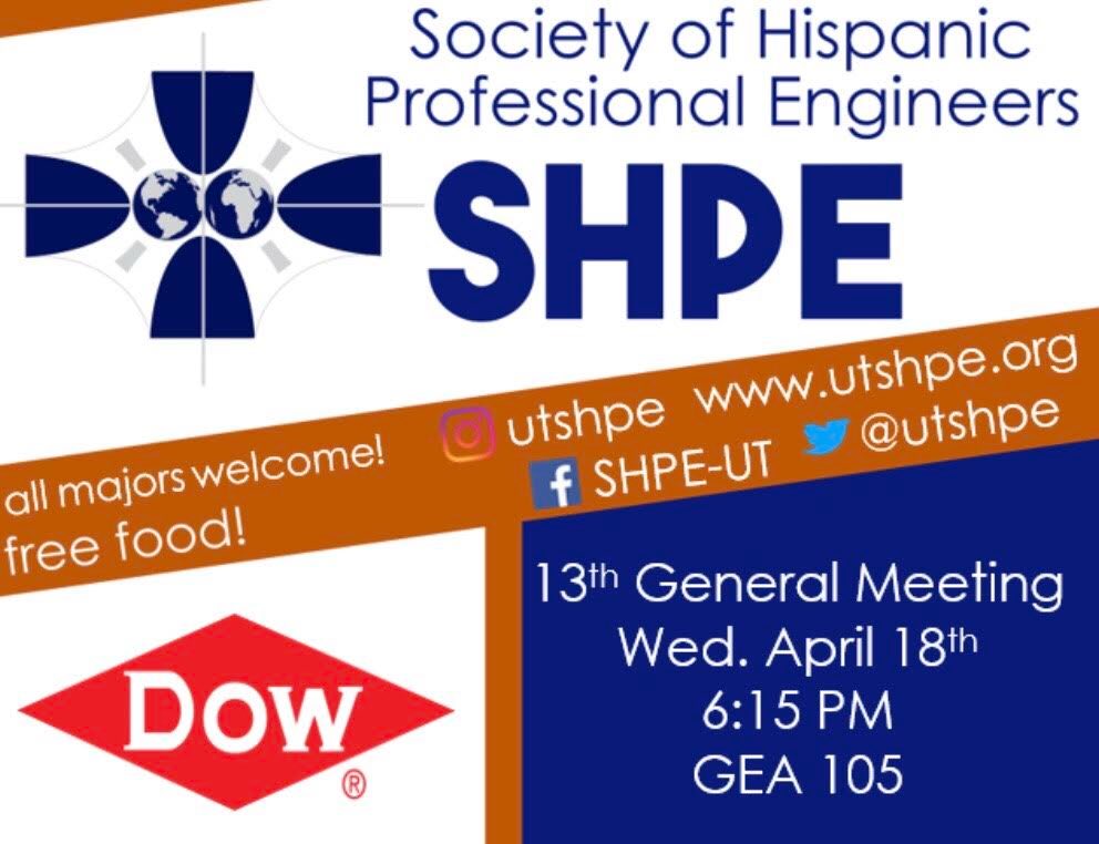 UTSHPE's tweet photo. Our LAST general meeting of the semester is this Wednesday!! ๐ญ๐ญ Come enjoy Halal Bros as we listen to reps from Dow, meet the new officers for next year, and say goodbye to our graduating seniors! You donโt want to miss this meeting ๐ค๐ค #utshpe #shperegion5 https://t.co/slmCEeXYak