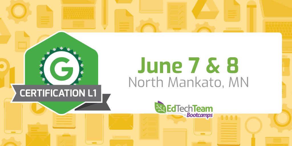 edtechteam's tweet image. We're bringing a #GoogleCertifiedEducator Level 1 to North Mankato on June 11th &amp;amp; 12th! Join #EdTechTeam and get certified! 

#MNedchat events.edtechteam.com/NorthMankatoL1
