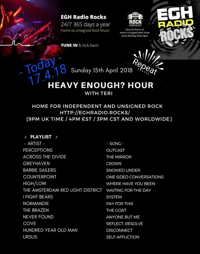 MusicMattersTee's tweet photo. TODAY
#TuneIn to #HeavyEnough?Hour @EGHRocks #radio repeat at 9pm UK time
⇨https://t.co/aQGYmXtSH9
featuring
@WeAreNeverFound
@WEARECOVE
@HYOMband
@ursusbanduk
https://t.co/aADWPv5WX6
#NewMusic #heavysound #metal #postmetal #Alternativehardcore #EGHRocks https://t.co/LmMKSjQTQs