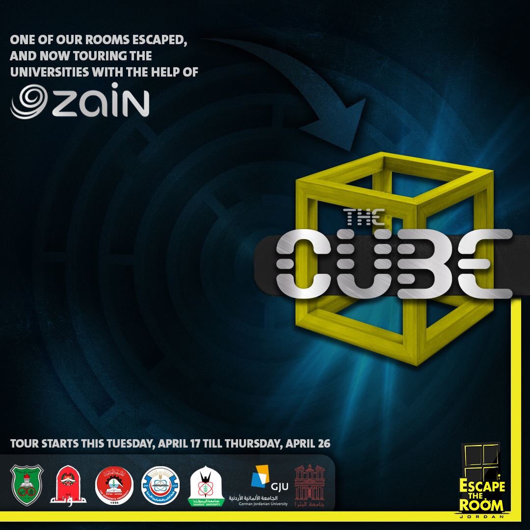 Escape_JO's tweet photo. أطلق قدراتك الإبداعية في غرفة  Escape The room Jordan  المتنقلة #The_Cube 
إحدى غرفنا استطاعت الهرب، وهي الآن تتجول في الجامعات بمساعدة زين
انضم الي غرفتنا المتجولة واستمتع بالترفيه وفز بالجوائز .
الجولة ستبدا يوم الثلاثاء الموافق 17-4-2018 حتى 26-4-2018
0789111186 
0790111186 https://t.co/GvIoOipY8f