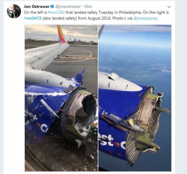 BrianNewCBS's tweet image. In 2016, @NTSB investigated “uncontained engine failure” on a Southwest Airlines Boeing 737-700 with the same engine.  The plane was diverted and landed safely.

Today #WN1380 on left, 2016 Flight #WN3472 on right 
Pictures/tweet  (via @jonostrower)

@CBSDFW