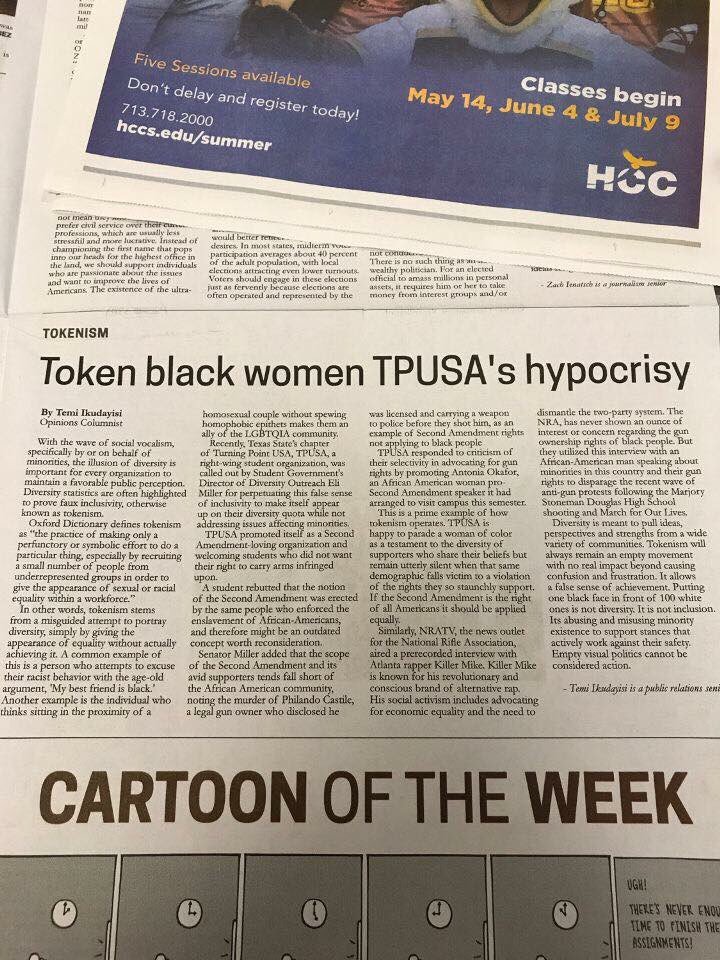 charliekirk11's tweet photo. When you are a student of color and you are a vocal conservative, you will be attacked as a “token” 

This is a horribly racist statement published in the @TxStateBobcats   student newspaper 

The campus left has become more racist than the enemy they pretend to wish to destroy https://t.co/fpgAwOuxRH